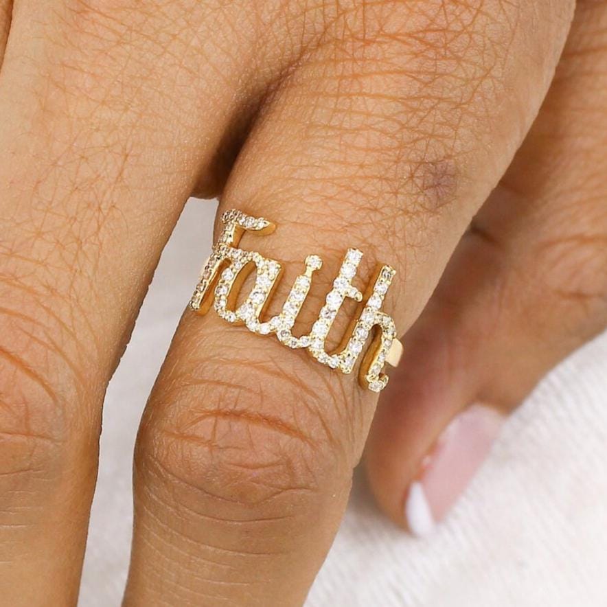 Faith Script Diamond Ring, 14K Solid Gold, Natural Diamonds, Statement Inspirational Jewelry, Word Name Ring, Personalized Minimalistic Band