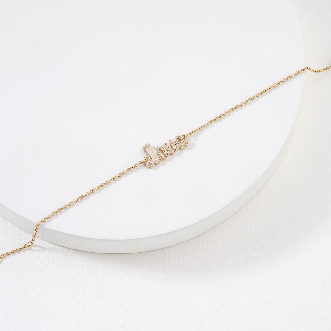 Love Chain Bracelet, 14k Gold, Natural Diamonds,  Inspirational Jewelry, , Handcrafted Jewelry Gift For Her