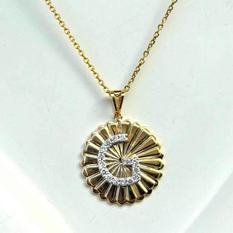 Personalized Initial Medallion Diamond Necklace, 14k Solid Gold, Natural Diamonds, Custom Letter Jewelry, Minimalist Sunburst Necklace