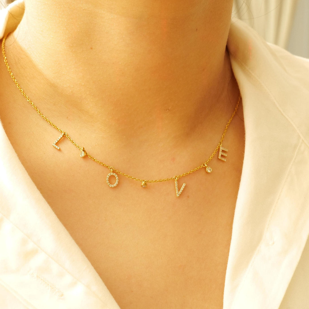 Love Dangle Diamond Drop Necklace, 14k Solid Gold, Natural Diamonds, Affirmation Statement Jewelry, Letter Chain Jewelry, Everyday Necklace