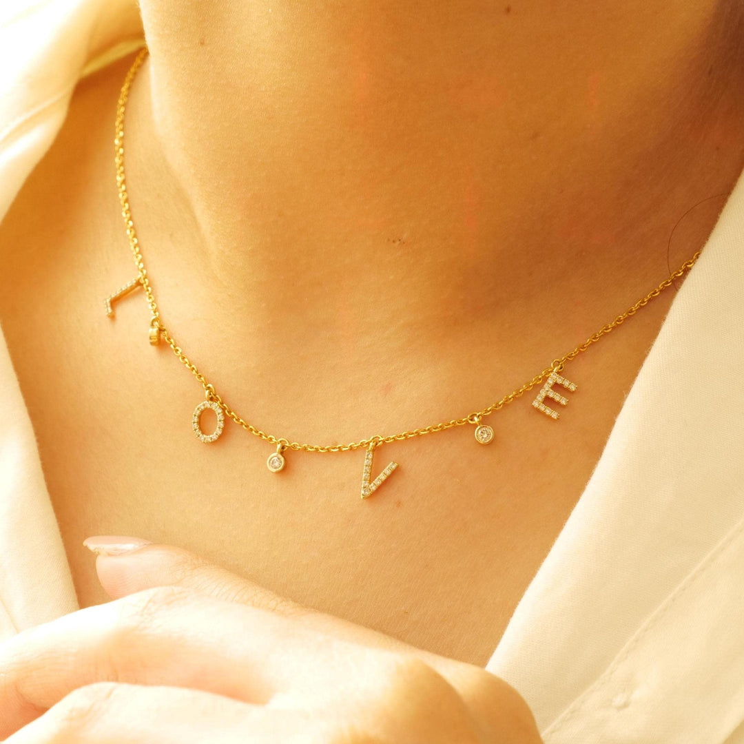 Love Dangle Diamond Drop Necklace, 14k Solid Gold, Natural Diamonds, Affirmation Statement Jewelry, Letter Chain Jewelry, Everyday Necklace