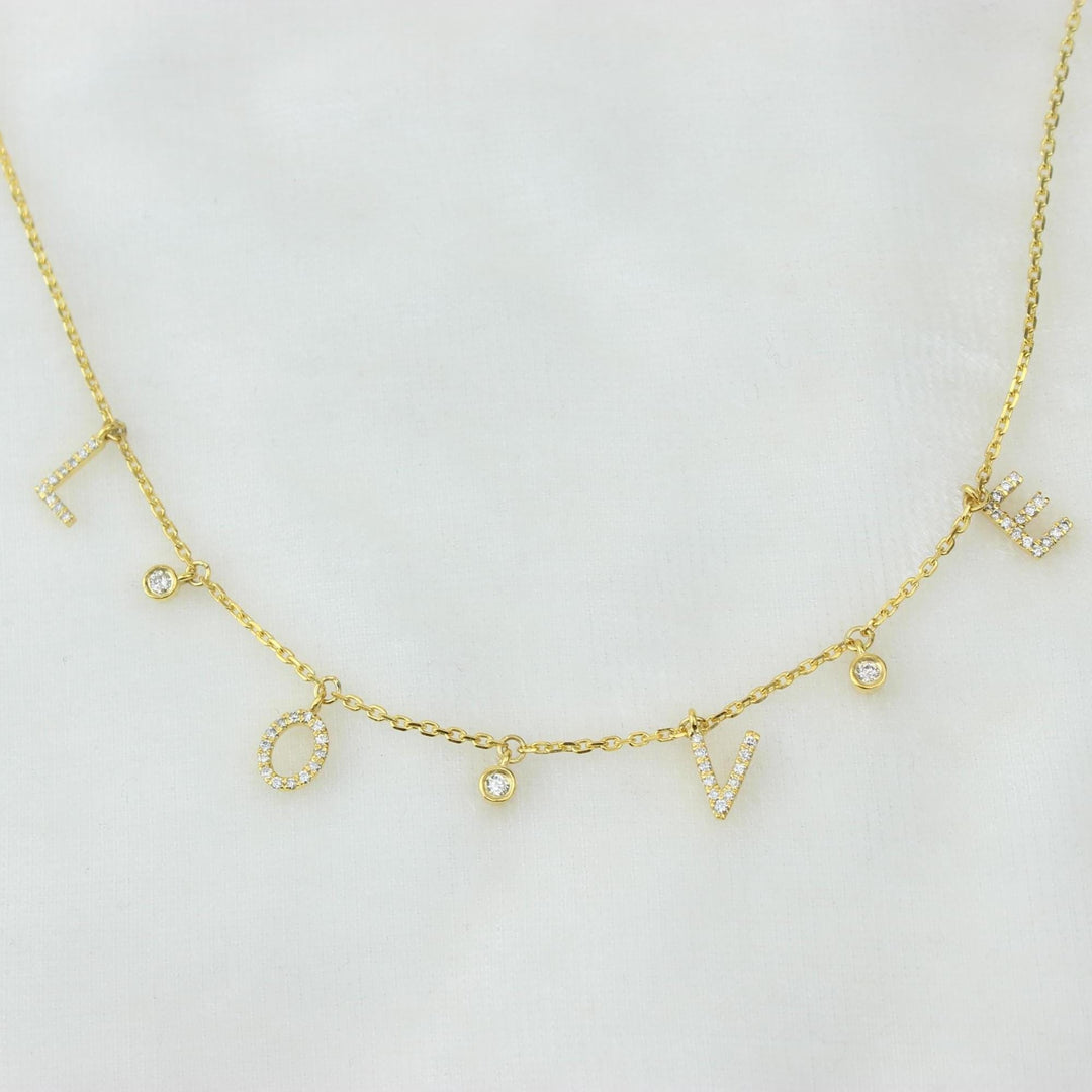 Love Dangle Diamond Drop Necklace, 14k Solid Gold, Natural Diamonds, Affirmation Statement Jewelry, Letter Chain Jewelry, Everyday Necklace
