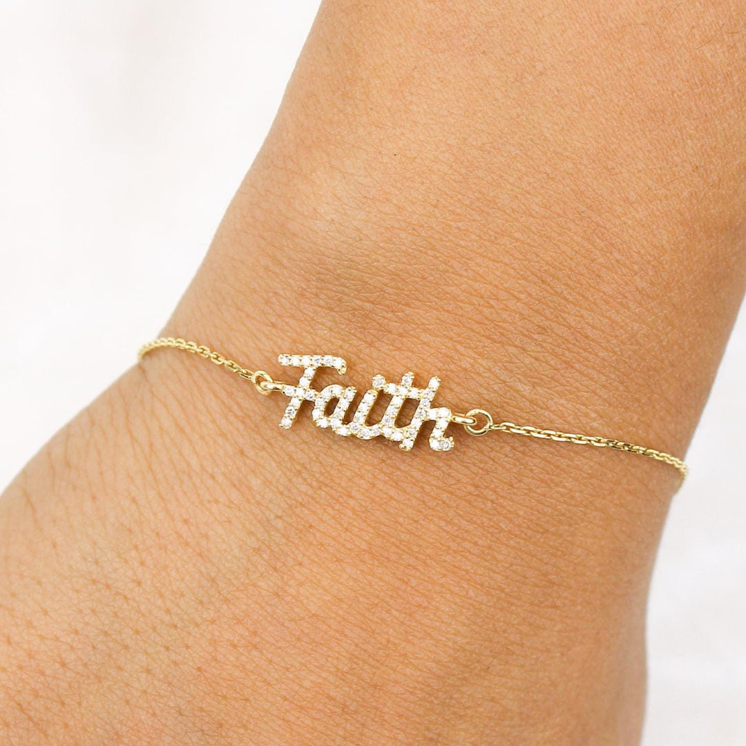 Faith Diamond Chain Bracelet, 14k Solid Gold, Natural Diamond, Inspirational Jewelry, Handcrafted Everyday Chain, Word Minimalistic Bracelet