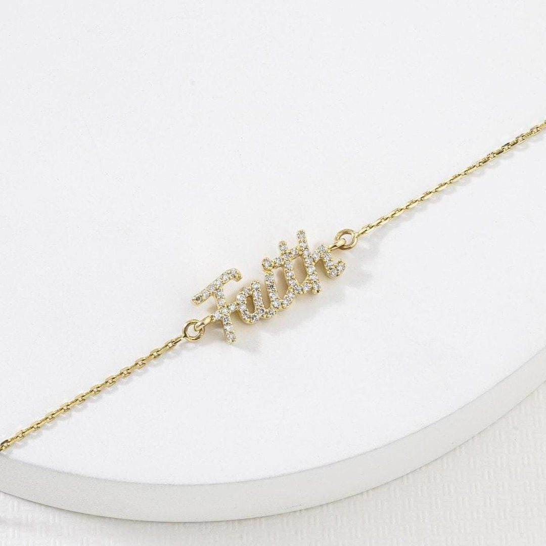 Faith Diamond Chain Bracelet, 14k Solid Gold, Natural Diamond, Inspirational Jewelry, Handcrafted Everyday Chain, Word Minimalistic Bracelet