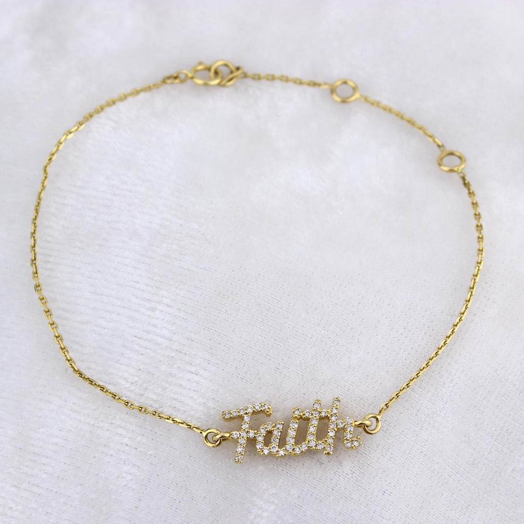Faith Diamond Chain Bracelet, 14k Solid Gold, Natural Diamond, Inspirational Jewelry, Handcrafted Everyday Chain, Word Minimalistic Bracelet