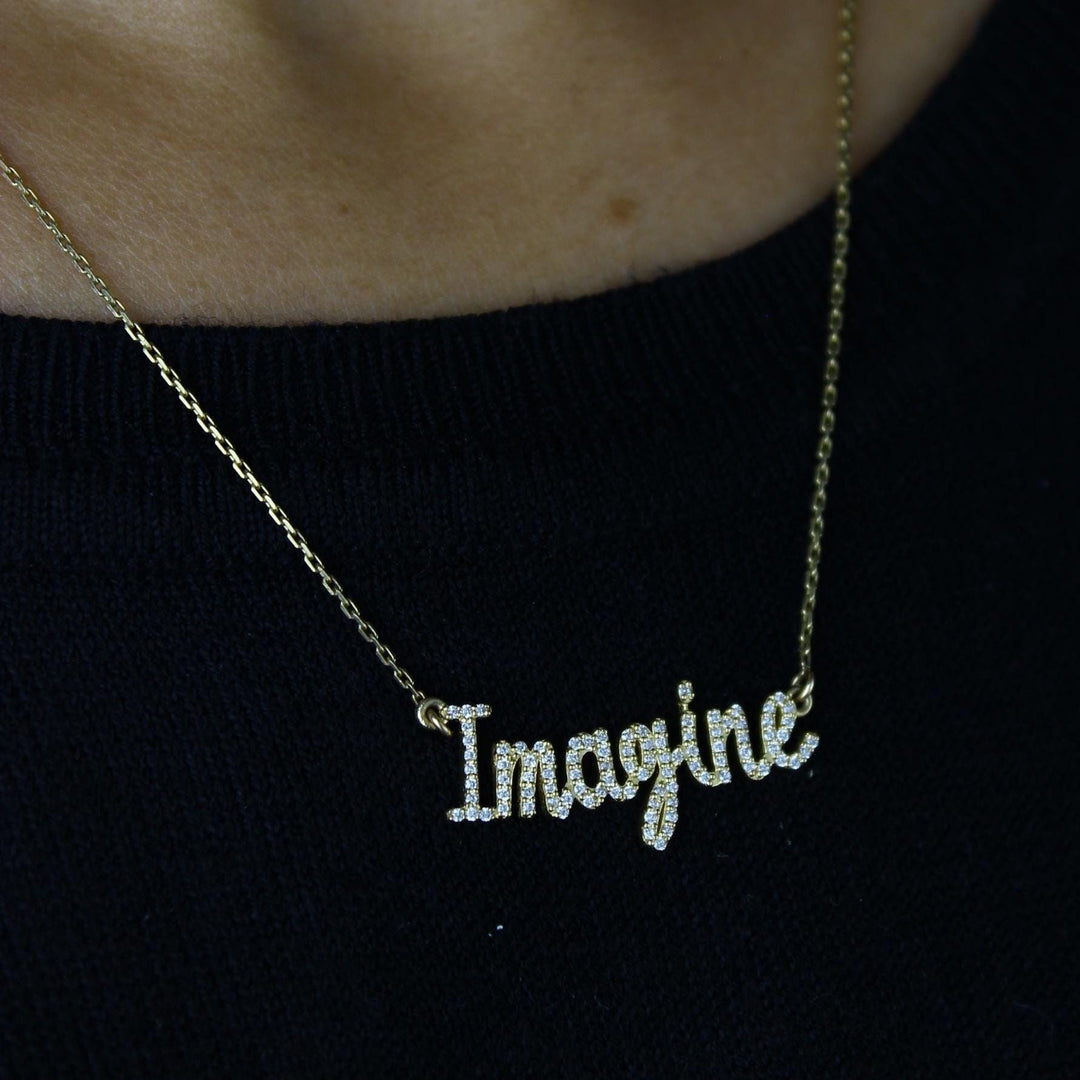 Imagine Diamond Necklace, 14k Solid Gold, Natural Diamonds, Script Word Necklace, Inspirational Jewelry, Handcrafted Minimalistic Jewelry