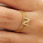 Load image into Gallery viewer, Personalized Initial Letter Diamond Ring, 14k Solid Gold, Natural Diamonds, Lined Cage Bar Band, Custom Jewelry, Minimalist Stackable Band
