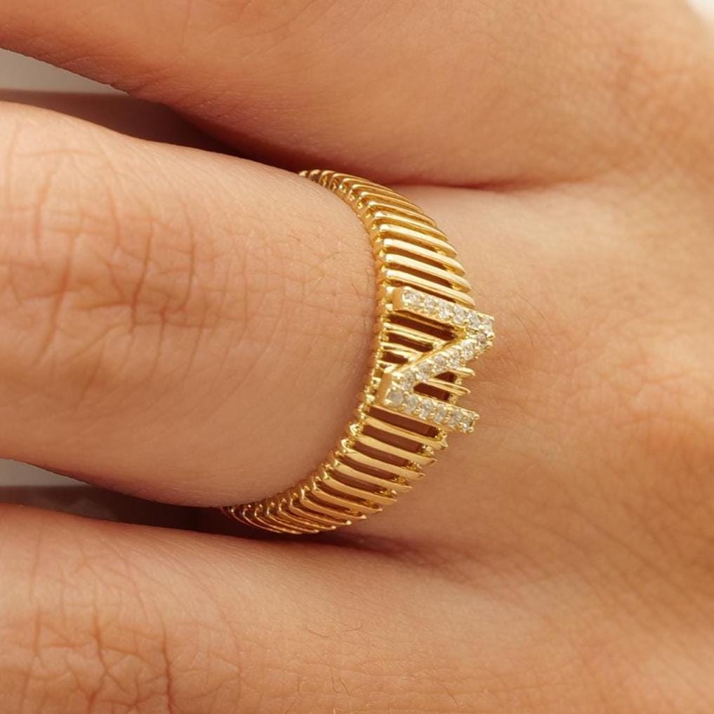 Personalized Initial Letter Diamond Ring, 14k Solid Gold, Natural Diamonds, Lined Cage Bar Band, Custom Jewelry, Minimalist Stackable Band