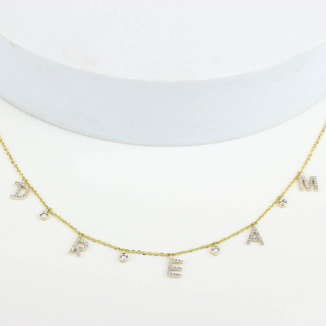 Dream Diamond Charm Necklace, 14k Solid Gold, Natural Diamonds, Affirmation Drop Necklace, Stackable Everyday Chain, Bezel Drop Jewelry