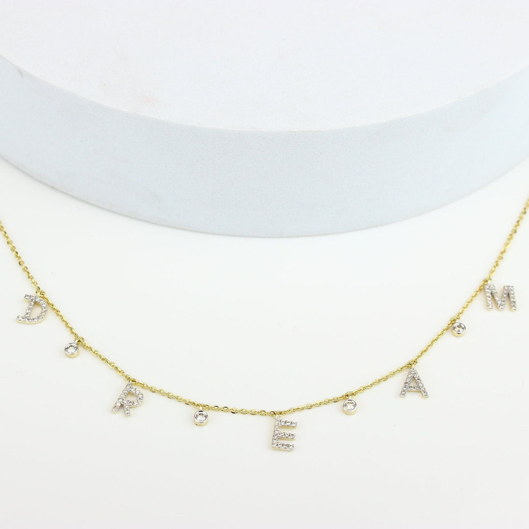 Dream Diamond Charm Necklace, 14k Solid Gold, Natural Diamonds, Affirmation Drop Necklace, Stackable Everyday Chain, Bezel Drop Jewelry