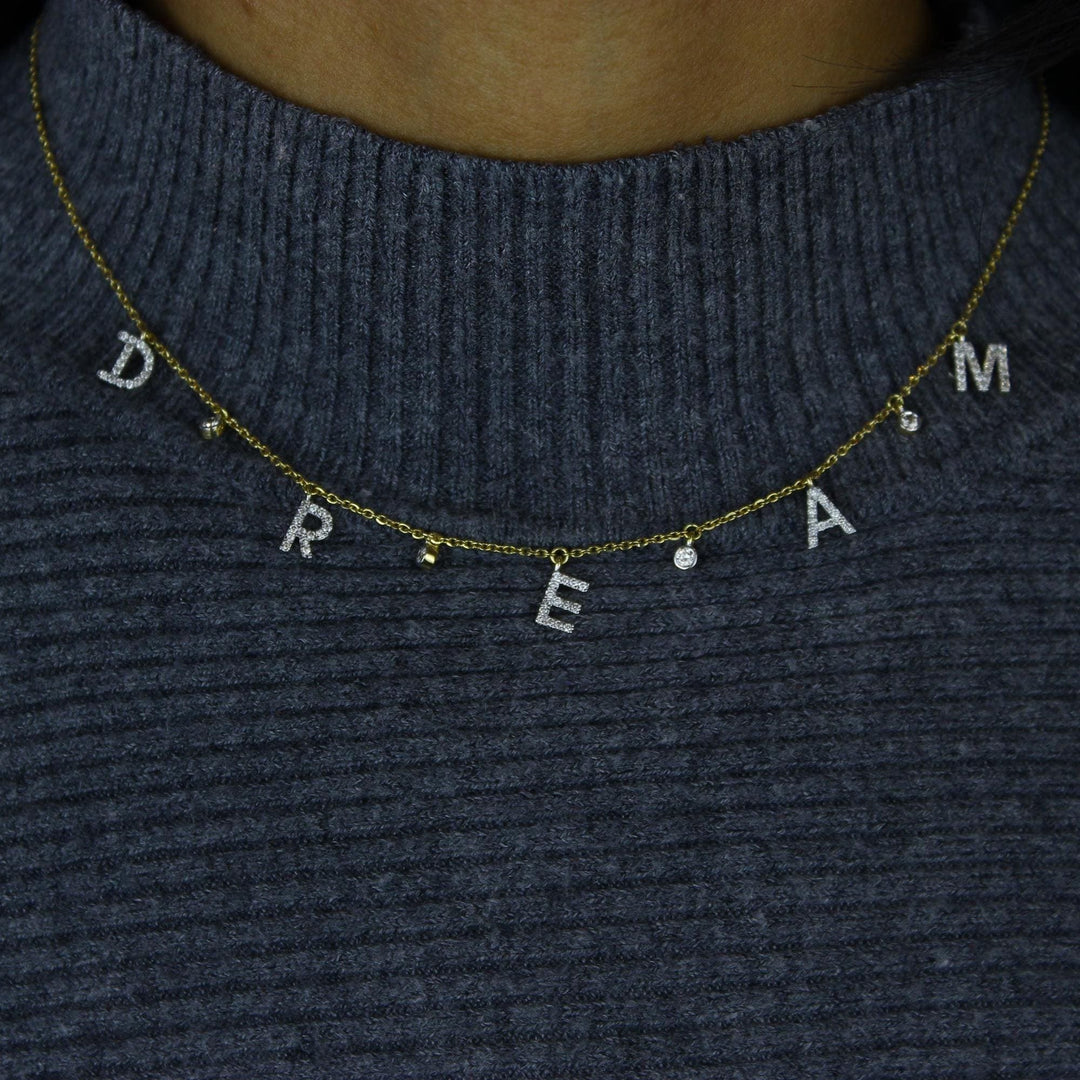 Dream Diamond Charm Necklace, 14k Solid Gold, Natural Diamonds, Affirmation Drop Necklace, Stackable Everyday Chain, Bezel Drop Jewelry