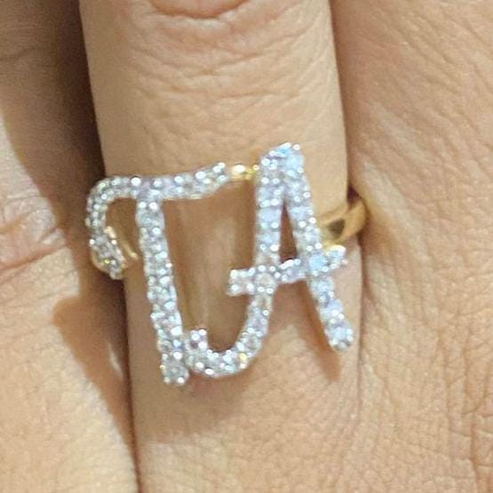 Personalized Double Initial Diamond Ring, 14k Solid Gold, Natural Diamond, Handwritten Word Ring, Custom Letter Band, Minimal Statement Ring