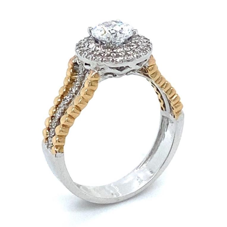 Halo Solitaire Ring, Engagement Diamond Ring, 14k Solid Gold, Natural Diamonds, Triple Shank Band, Dual Tone, Gift For Her
