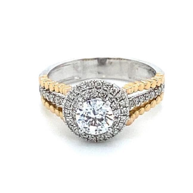 Halo Solitaire Ring, Engagement Diamond Ring, 14k Solid Gold, Natural Diamonds, Triple Shank Band, Dual Tone, Gift For Her