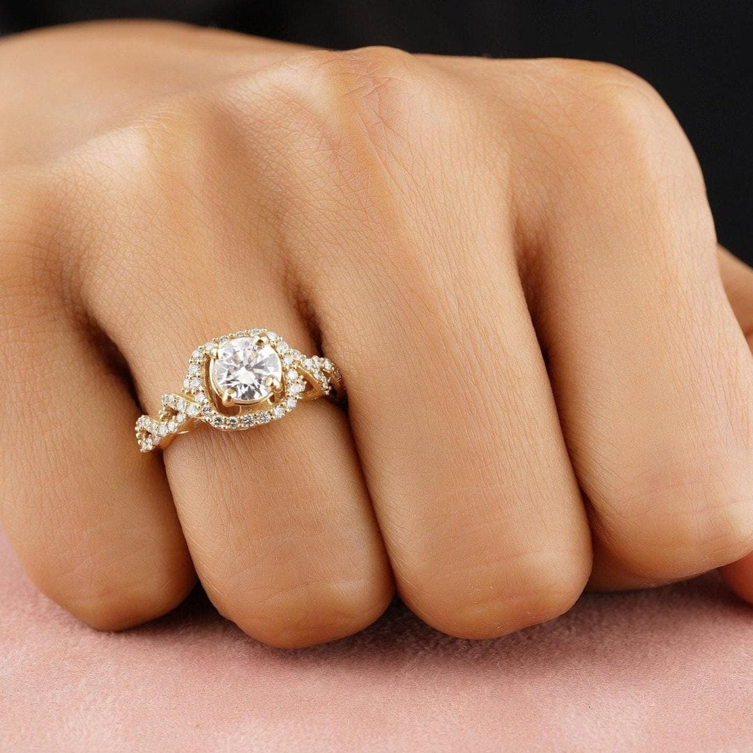Round Solitaire Square Halo Diamond Ring, Engagement Ring, 14k Solid Gold, Natural Diamonds, Crossover Shank, Gift For Her