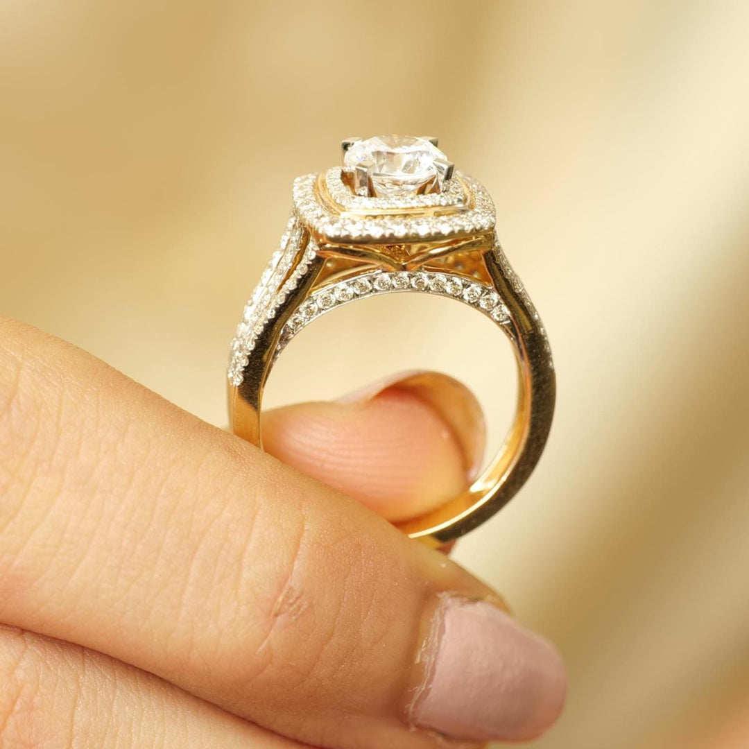 Round Solitaire Halo Diamond Ring, 14k Solid Gold, Natural Diamonds, Wedding Engagement Ring, Gift For Her