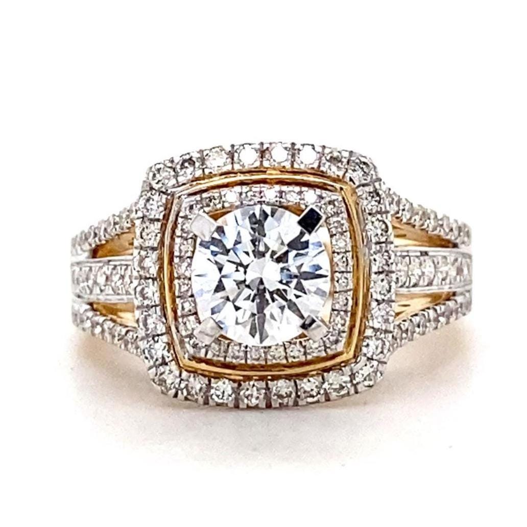 Round Solitaire Halo Diamond Ring, 14k Solid Gold, Natural Diamonds, Wedding Engagement Ring, Gift For Her