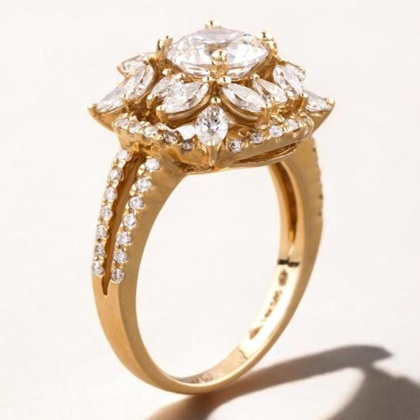 Solitaire Diamond Engagement Ring, Flower Diamond Ring, 14k Solid Gold, Halo Setting, Natural Diamonds, Gift For Her