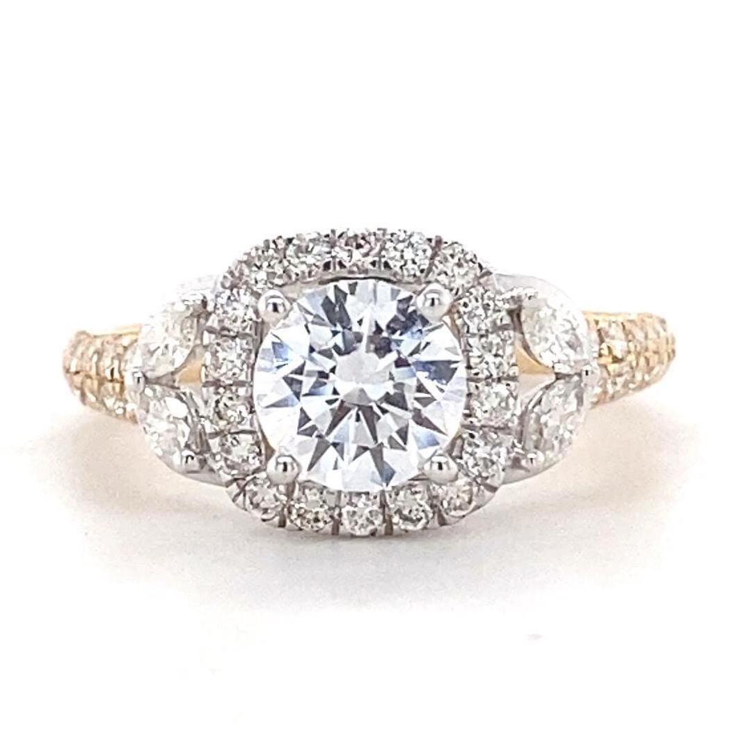 Solitaire Square Diamond Ring, 14k Solid Gold, Marquise leaves Engagement Ring, Dual Tone, Natural Diamonds, Bridal Jewelry, Gift for her