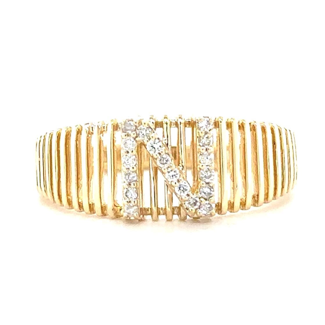 Personalized Initial Letter Diamond Ring, 14k Solid Gold, Natural Diamonds, Lined Cage Bar Band, Custom Jewelry, Minimalist Stackable Band