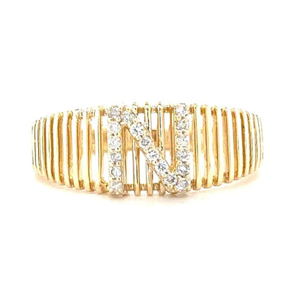Personalized Initial Letter Diamond Ring, 14k Solid Gold, Natural Diamonds, Lined Cage Bar Band, Custom Jewelry, Minimalist Stackable Band