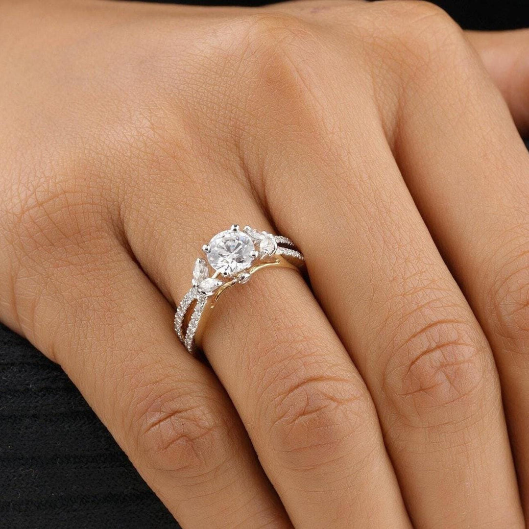 Solitaire Diamond Engagement Ring, 14k Solid Gold, Natural Diamonds, Split Shank, Leaves Floral Ring, Dual Tone, Gift For Her