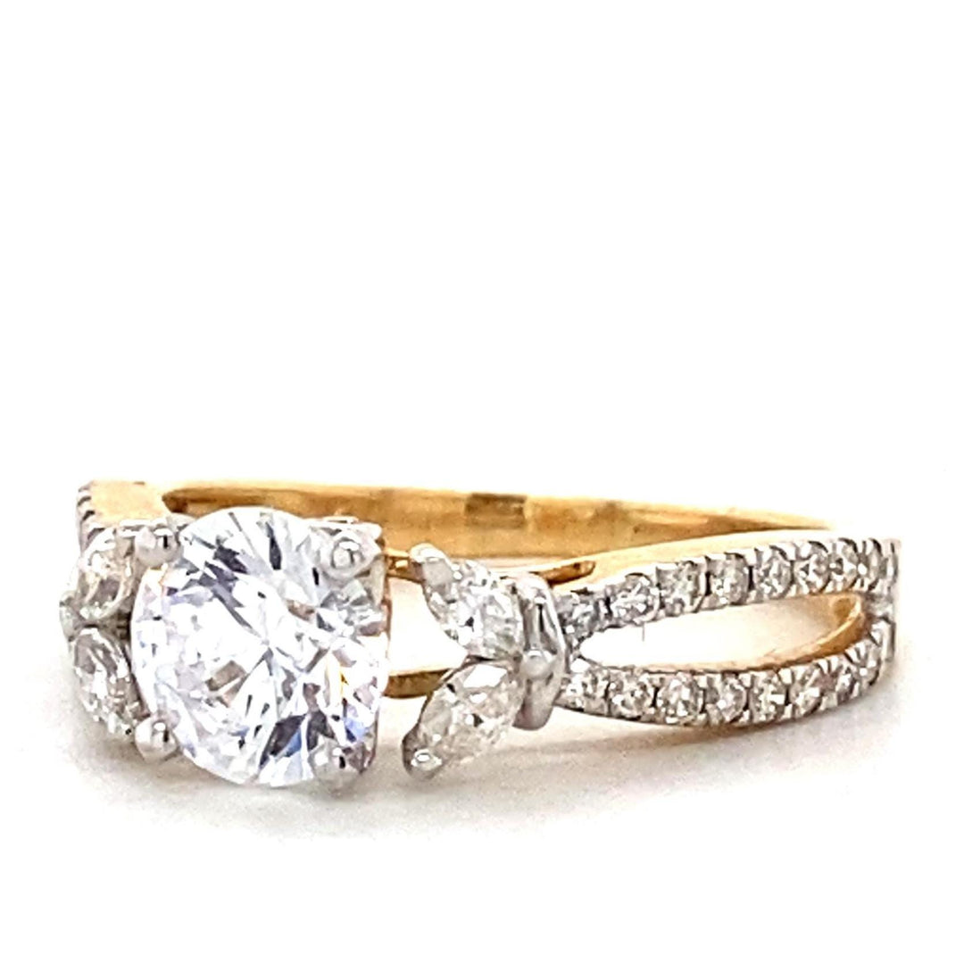 Solitaire Diamond Engagement Ring, 14k Solid Gold, Natural Diamonds, Split Shank, Leaves Floral Ring, Dual Tone, Gift For Her