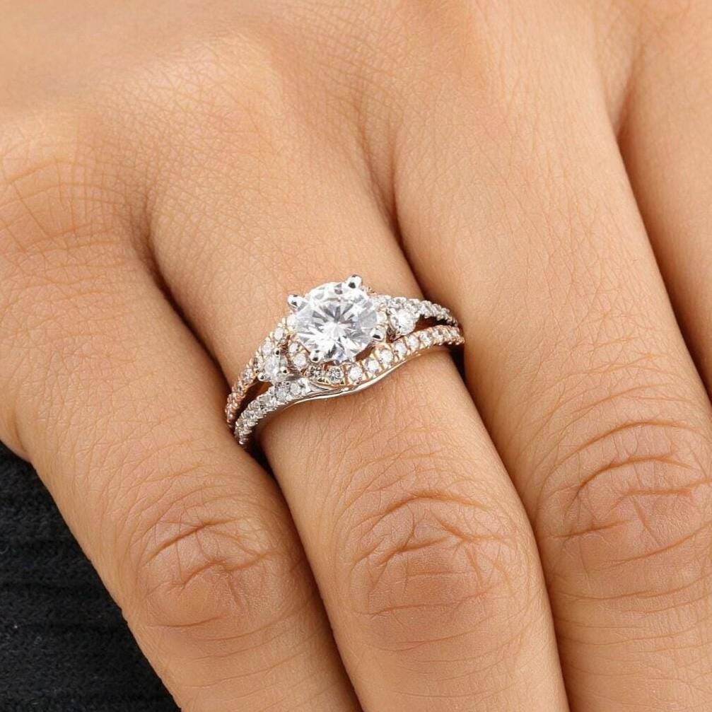 Round Solitaire Diamond Ring, 14K Solid Gold Engagement Ring, Dual Tone, Split Shank, Natural Diamonds, Gift For Her