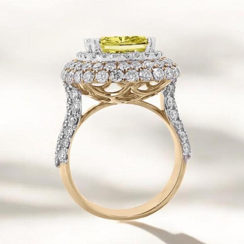 Yellow Sapphire Statement Diamond Ring, Gemstone Cocktail Ring, 14k Solid Gold, Natural Diamonds, Double Halo Birthstone Rings, Gift For Her