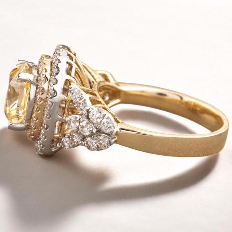 Cushion Yellow Sapphire Diamond Ring, Gemstone Cocktail Ring, 14k Solid Gold, Birthstone Ring, Natural Diamond, Statement Ring, Gift For Her