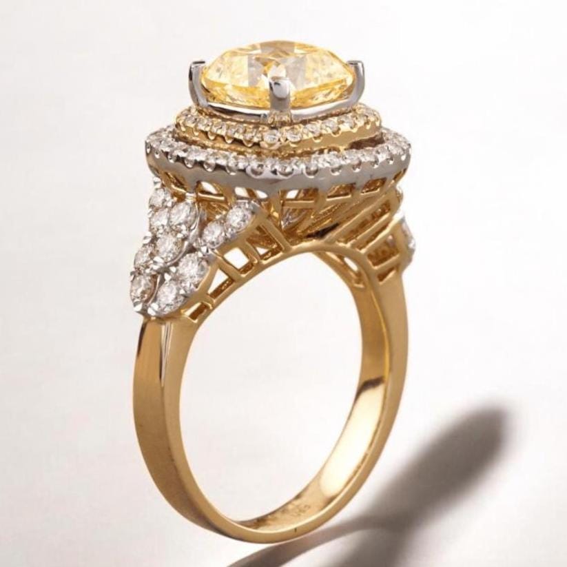 Cushion Yellow Sapphire Diamond Ring, Gemstone Cocktail Ring, 14k Solid Gold, Birthstone Ring, Natural Diamond, Statement Ring, Gift For Her