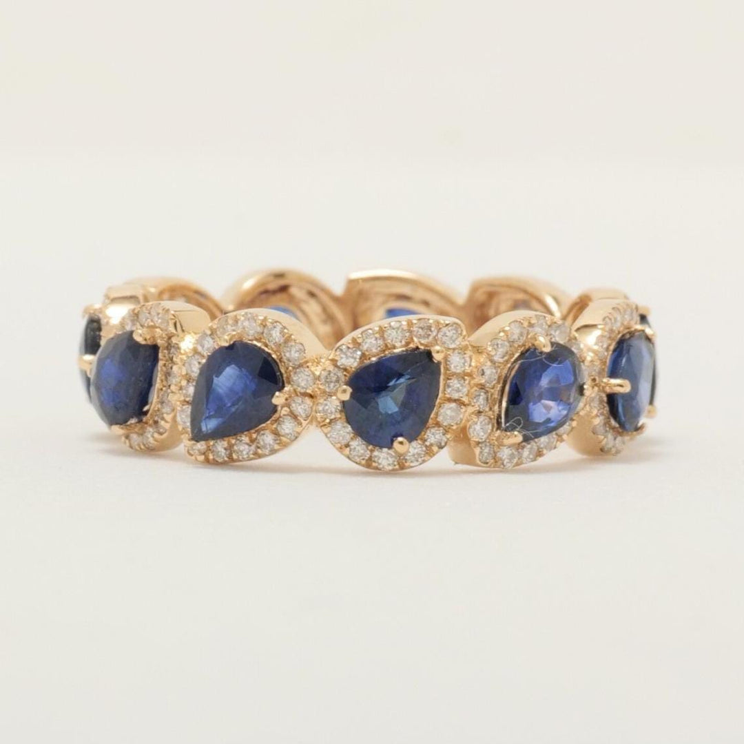 Pear Blue Sapphire Diamond Ring, 14k Solid Gold, Natural Diamonds, Eternity Band, Prong Gemstone Ring, Stacking Gold Band, Halo Setting Ring