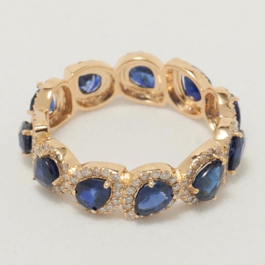 Pear Blue Sapphire Diamond Ring, 14k Solid Gold, Natural Diamonds, Eternity Band, Prong Gemstone Ring, Stacking Gold Band, Halo Setting Ring