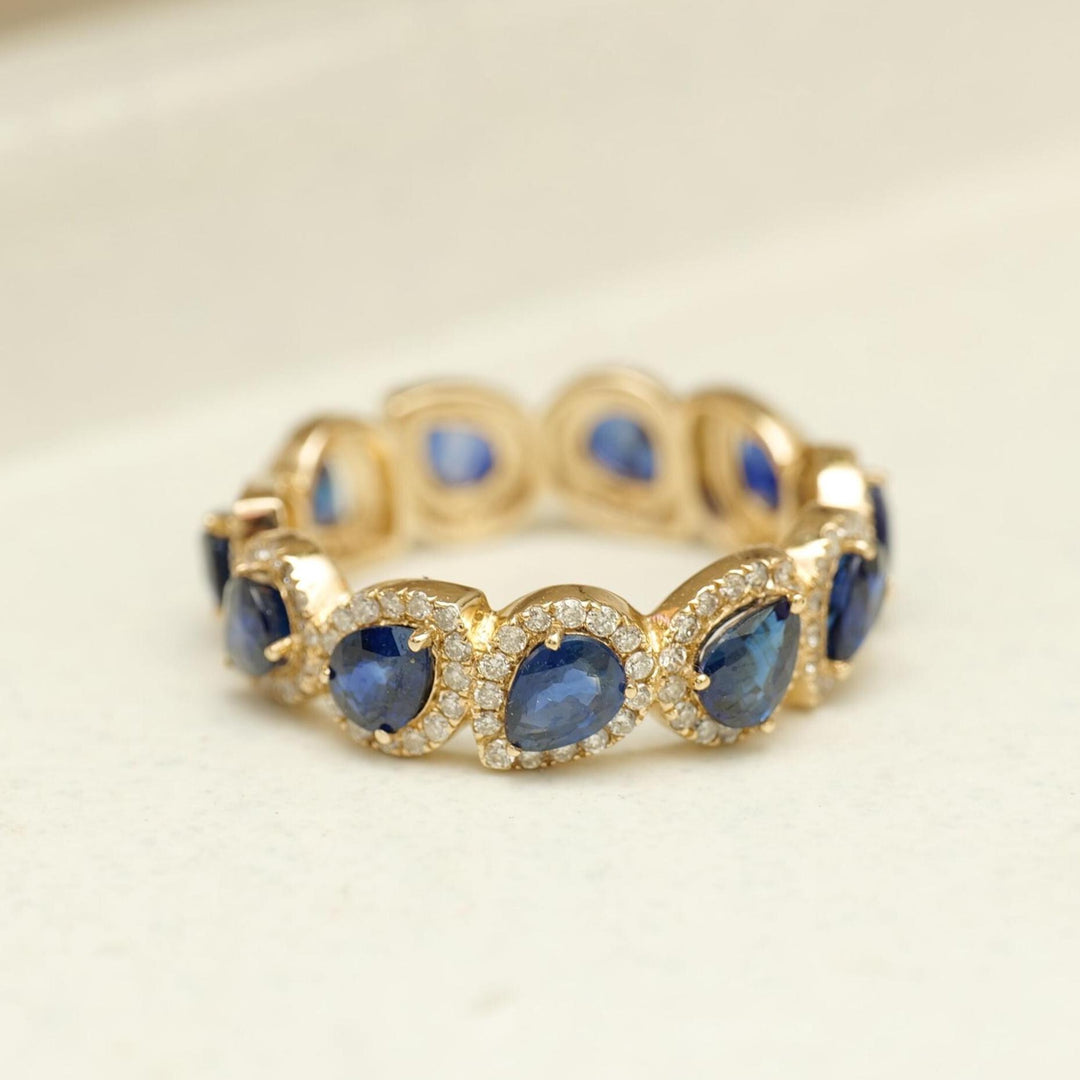 Pear Blue Sapphire Diamond Ring, 14k Solid Gold, Natural Diamonds, Eternity Band, Prong Gemstone Ring, Stacking Gold Band, Halo Setting Ring