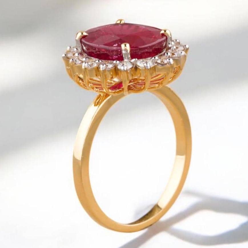 Oval Ruby Diamond Ring, 14k Solid Gold, Natural Diamonds, Cocktail Ring, Gemstone Halo Jewelry, Statement Ring, Gift For Her