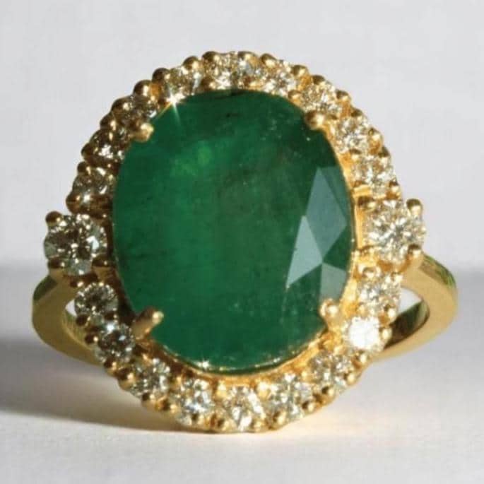 Oval Emerald Halo Diamond Ring, 14K Solid Gold, Natural Diamond, Birthstone Cocktail Gold Ring, Gemstone Statement Jewelry, Gift For Her