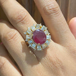 Load image into Gallery viewer, Oval Ruby Baguette Halo Ring, 14k Solid Gold, Natural Diamonds, July Gemstone, Birthstone Statement Ring, Bold Cocktail Ring, Gift For Her
