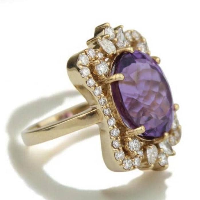 Oval Amethyst Diamond Halo Ring, 14k Solid Gold, Natural Diamonds, Statement Cocktail Ring, Faceted Gemstone Ring, Gift For Her