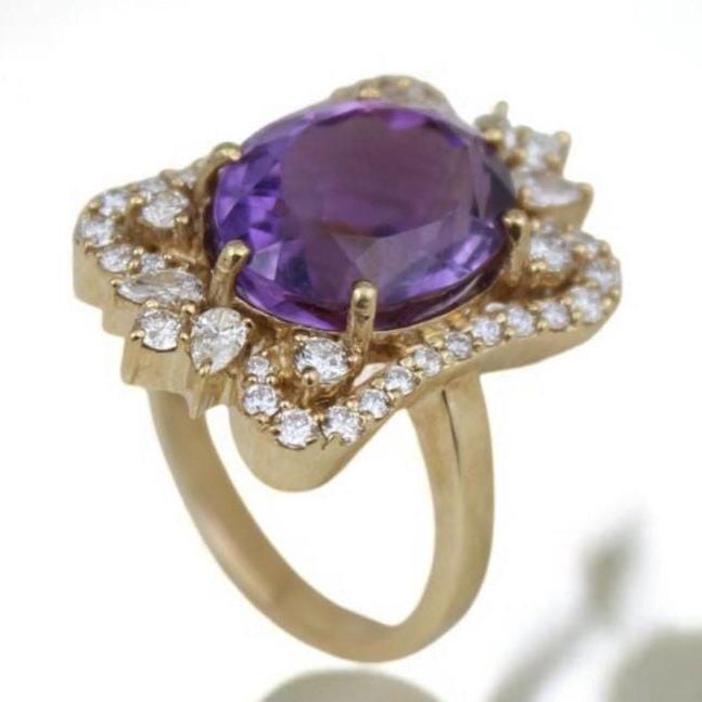 Oval Amethyst Diamond Halo Ring, 14k Solid Gold, Natural Diamonds, Statement Cocktail Ring, Faceted Gemstone Ring, Gift For Her