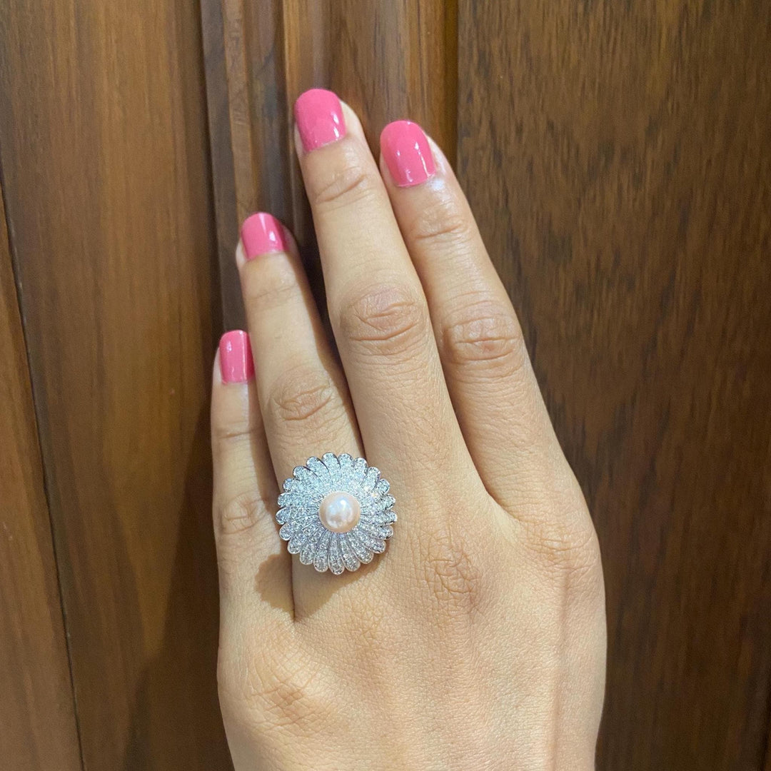 Cultured Pearl Flower Diamond Ring, Gemstone Ring, 14k Solid Gold, Natural Diamonds, Dome Statement Ring, Flower Cocktail Ring, Gift For Her