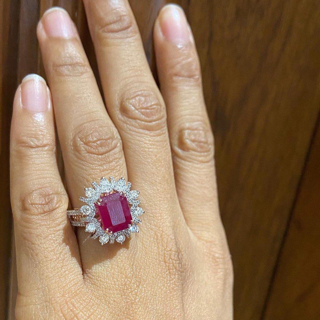 Emerald Cut Ruby Diamond Ring, 14k Solid Gold, Natural Diamonds, July Red Gemstone Halo Ring, Statement Birthstone Jewelry, Gift For Her