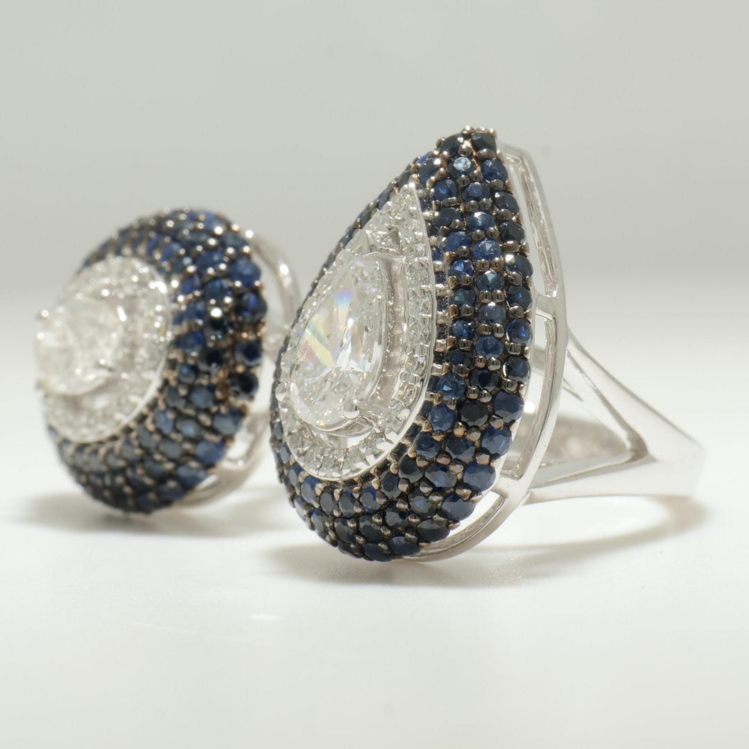 Blue Sapphire Diamond Ring, 14K Solid Gold, Pear & Oval Natural Diamond, Open Cuff Halo Gemstone Ring, Cocktail Statement Ring, Gift For Her