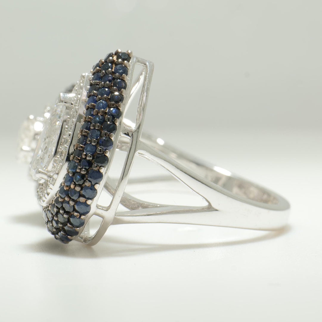 Blue Sapphire Diamond Ring, 14K Solid Gold, Pear & Oval Natural Diamond, Open Cuff Halo Gemstone Ring, Cocktail Statement Ring, Gift For Her