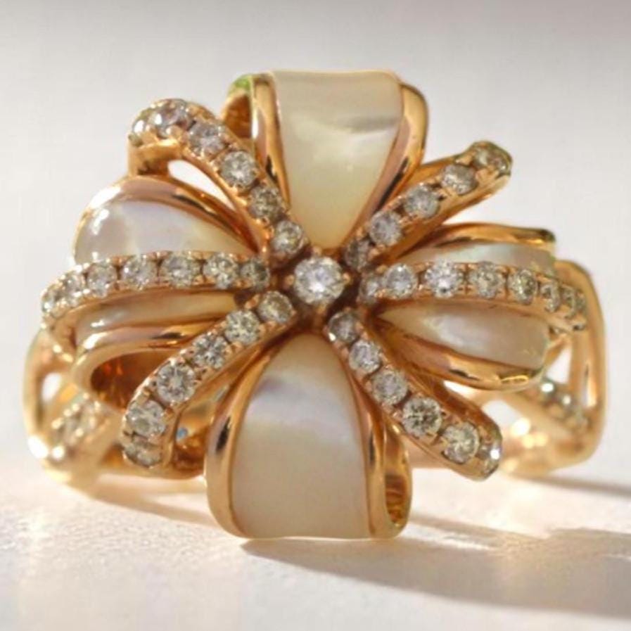 Mother of Pearl Natural Diamond Cocktail Ring: 14k Solid Gold Floral Ribbon Ring, Certified Jewelry