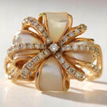 Load image into Gallery viewer, Mother of Pearl Natural Diamond Cocktail Ring: 14k Solid Gold Floral Ribbon Ring, Certified Jewelry
