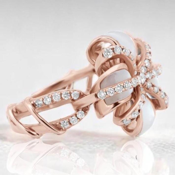 Mother of Pearl Natural Diamond Cocktail Ring: 14k Solid Gold Floral Ribbon Ring, Certified Jewelry