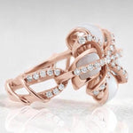 Load image into Gallery viewer, Mother of Pearl Natural Diamond Cocktail Ring: 14k Solid Gold Floral Ribbon Ring, Certified Jewelry
