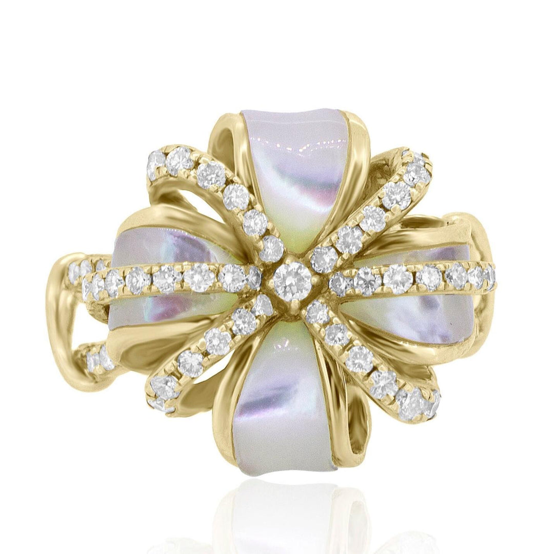 Mother of Pearl Diamond Cocktail Ring, 14k Solid Gold, Natural Diamonds, Floral Ribbon Bow Jewelry, Statement Ring, Gift For Her