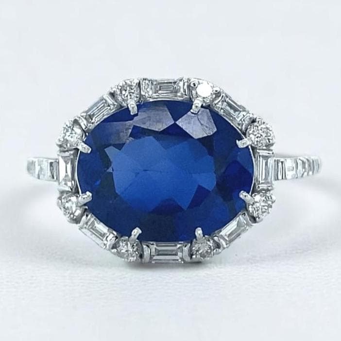 Oval Blue Sapphire Diamond Halo Ring, Round and Baguette Natural diamonds, 14k Solid Gold, Gemstone Ring, Engagement Ring, Gift For Her