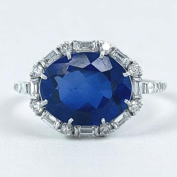 Oval Blue Sapphire Diamond Halo Ring, Round and Baguette Natural diamonds, 14k Solid Gold, Gemstone Ring, Engagement Ring, Gift For Her
